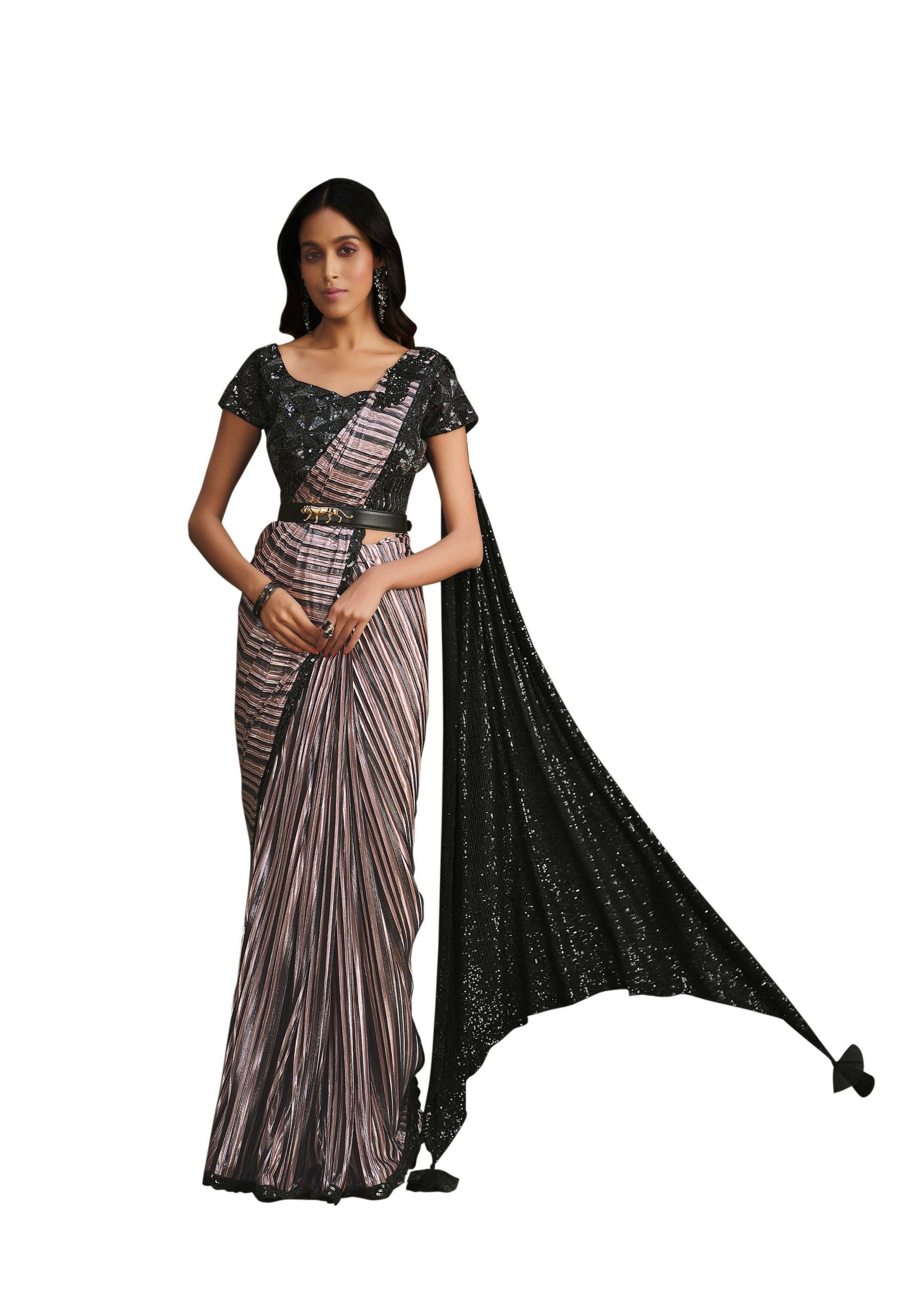 Lavendor Modern Value Sequence Embroidered Saree With Stitched Blouse - Mohmanthan La Belle