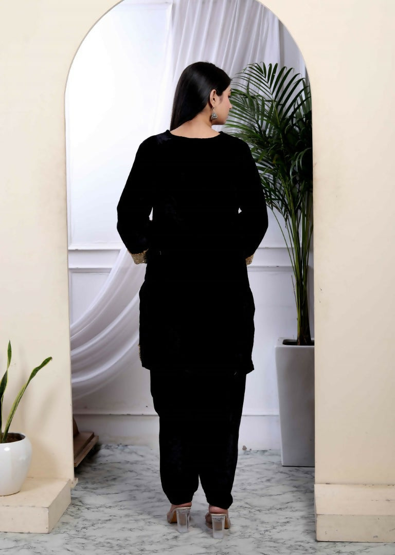 Miravan Women's Black Velvet Dreams Embroidered Co-ord Set 