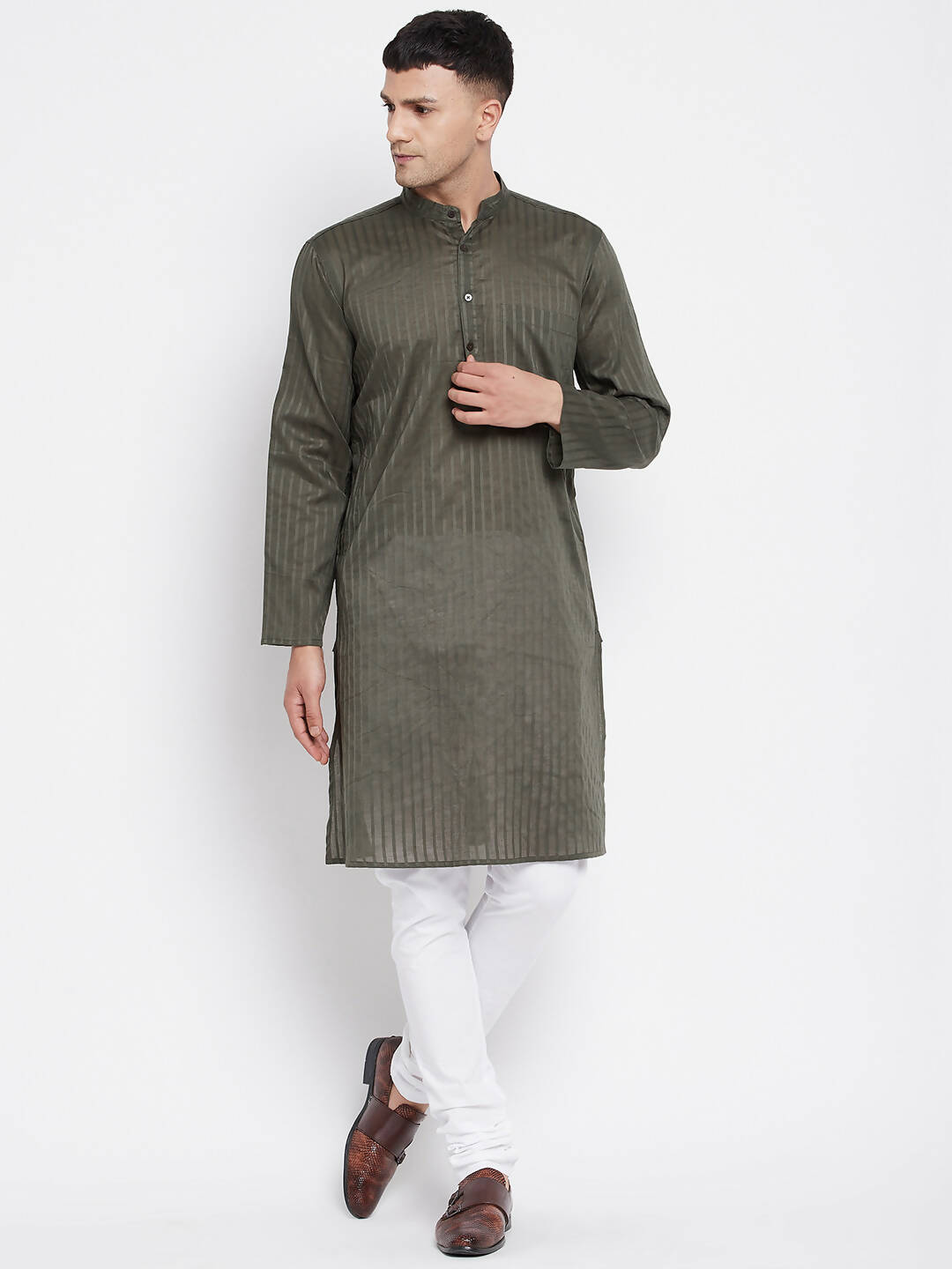 Even Apparels Green Men's Pure Cotton Kurta With Band Collar