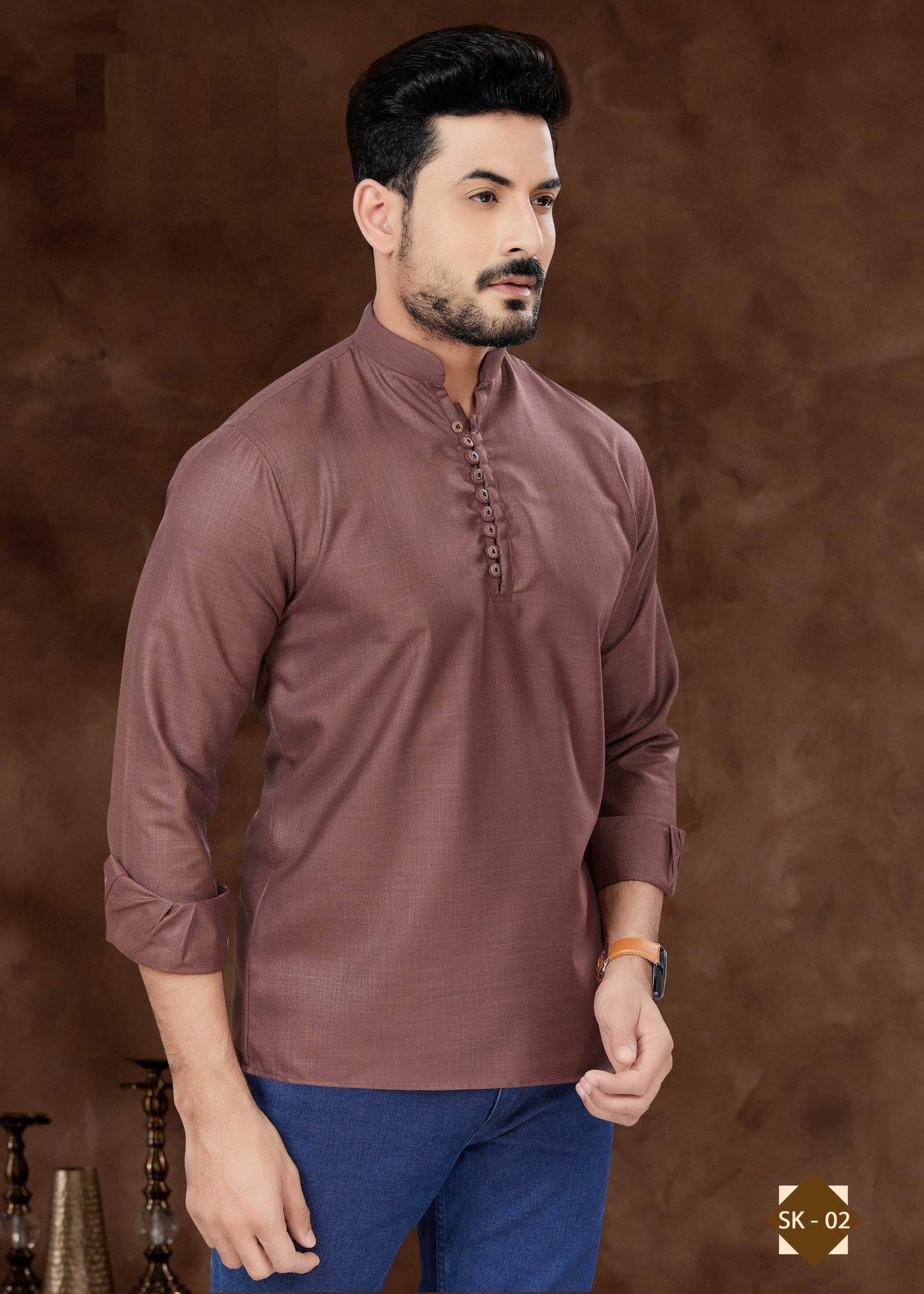 Joban Fashion Men's Pure Cotton Brown Plain Short Kurta