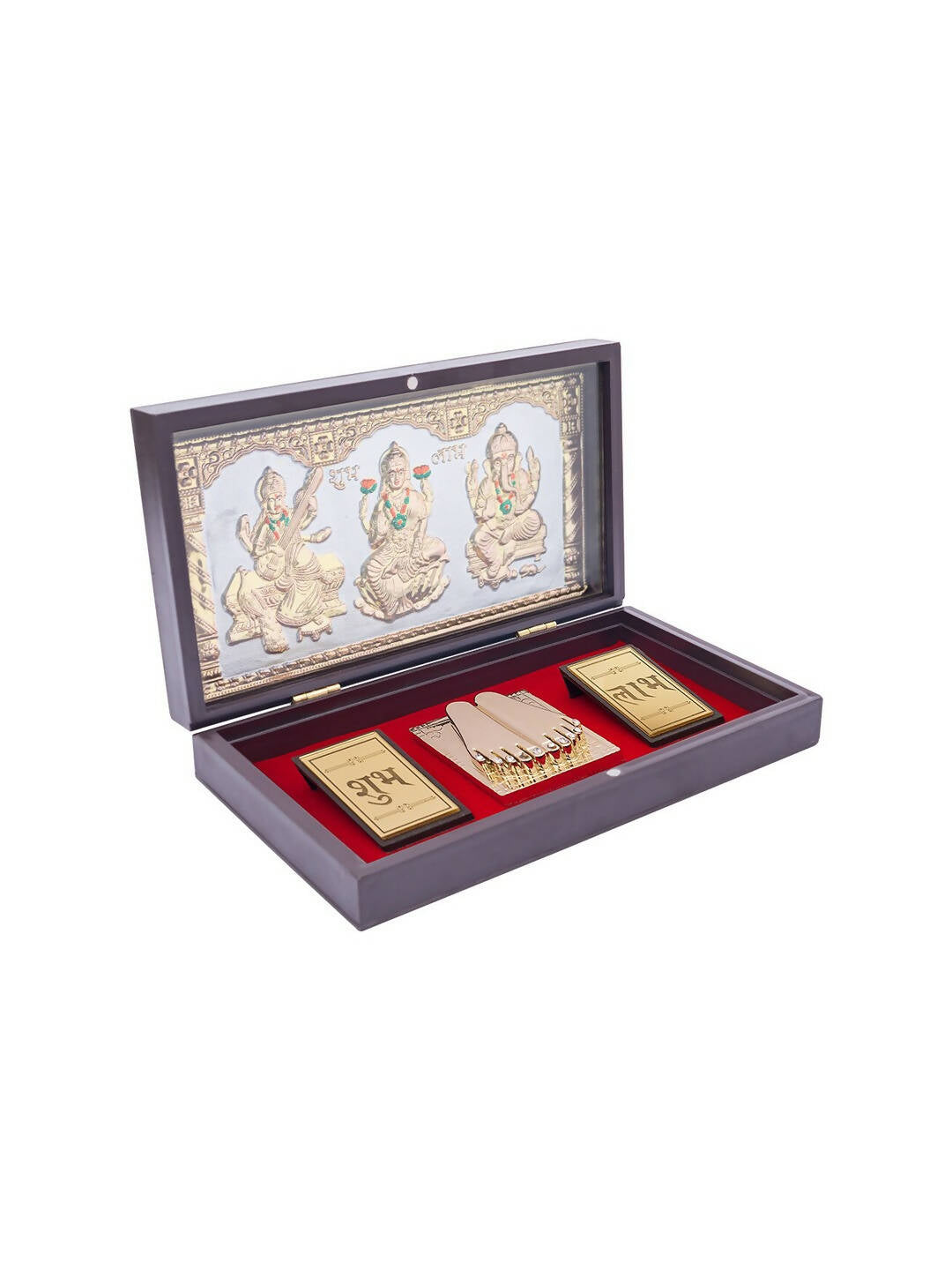 Golden Peacock 24 KT Gold-Polished Laxmi, Ganesha, Saraswati Pooja Box 