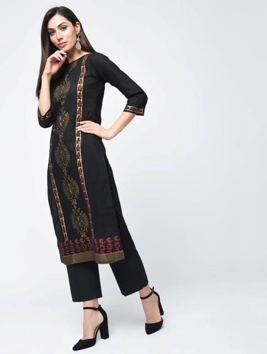 Aniyah Cotton Block Printed Latest Black Straight Kurta (AN-122K) | Grab2Buy