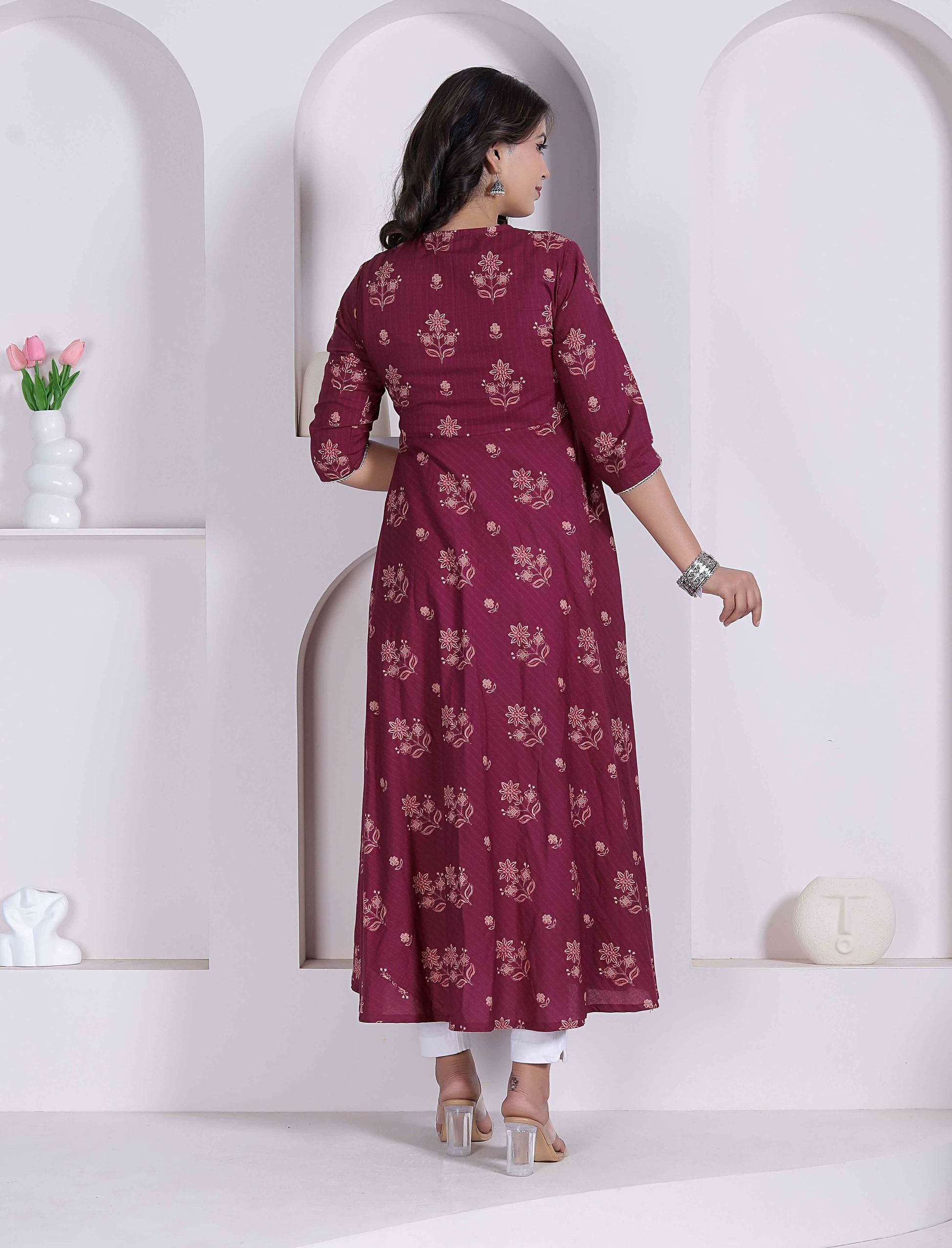 Miravan Womens Maroon Floral Printed Angrakha Style Kurta