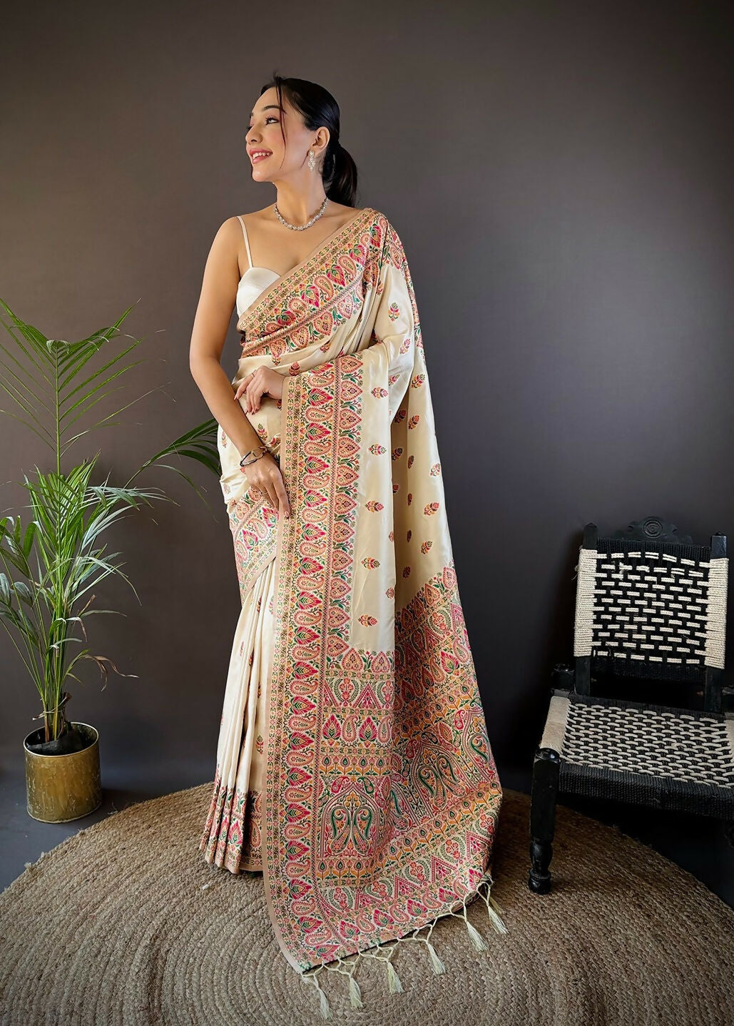 Joban Fashion White Meena Weaves Pashmina Sarees