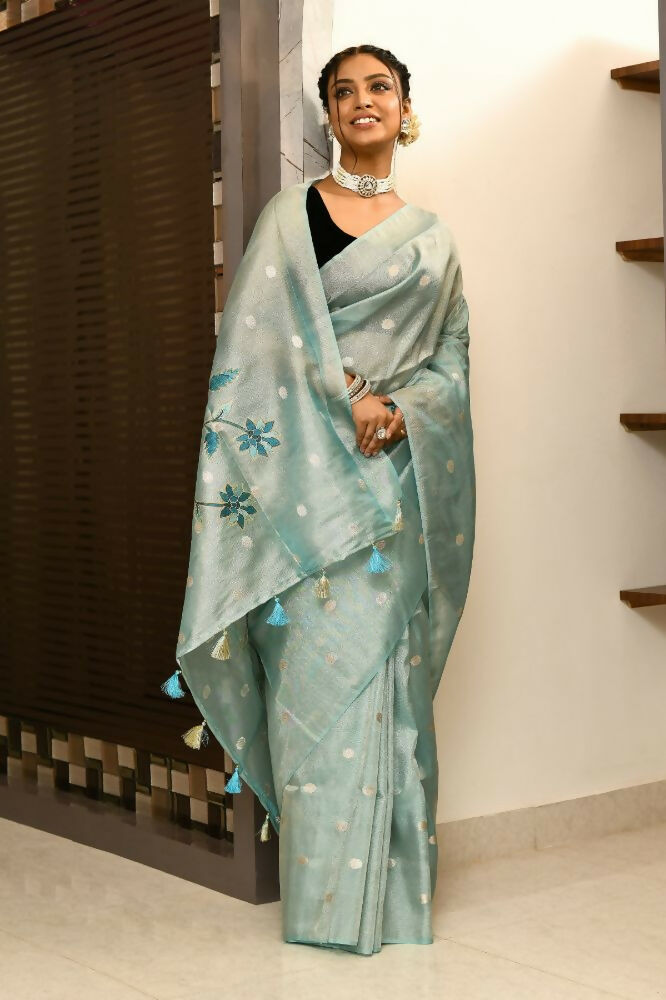 Joban Fashion Firozi Saree Tissue Zari Buti Anchal Applick With Contrast Blouse