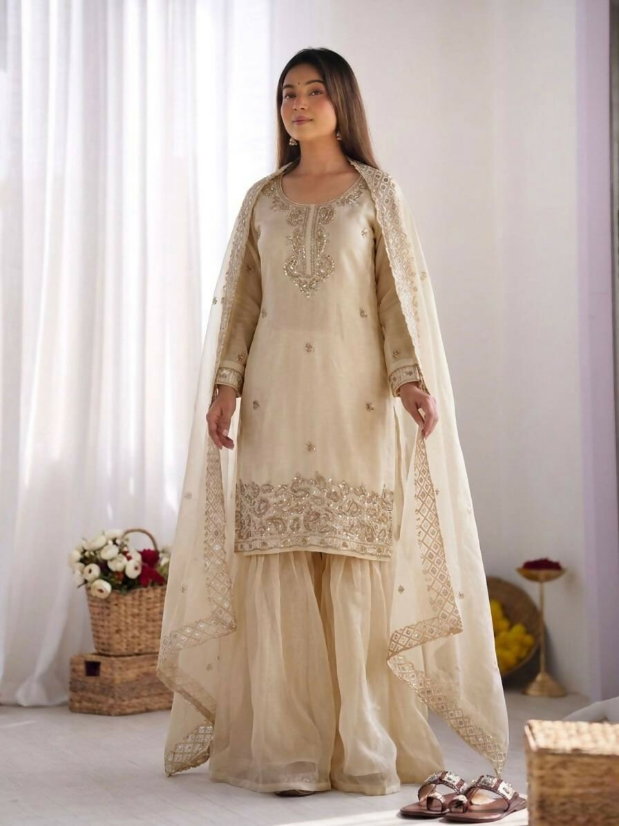 Teeya Creation Womens New Trendy Stylish Embroidery Beads Work Palazzo Kurta Set -Cream