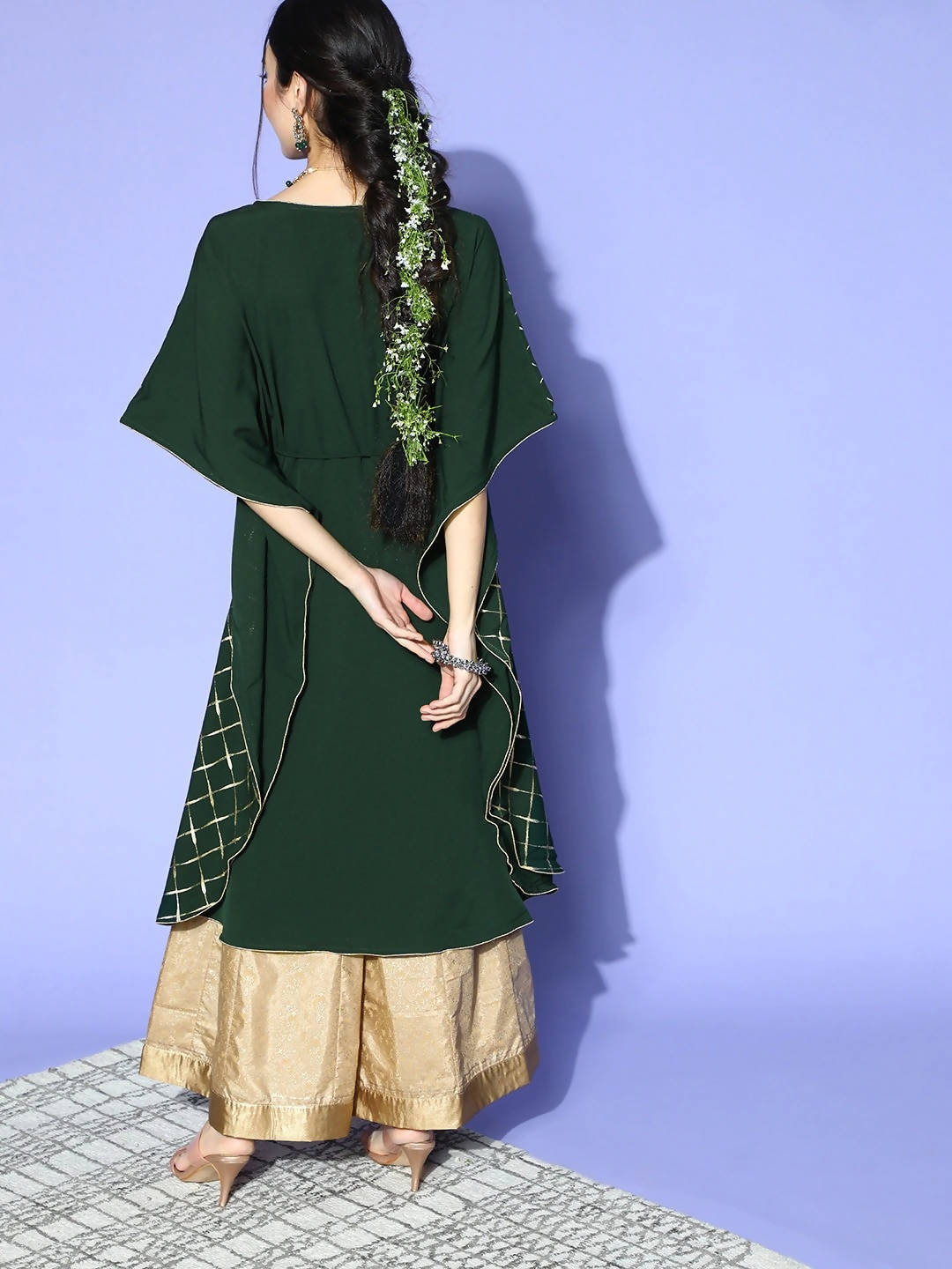 Janasya Women Green Checked New Age Kaftan Kurta