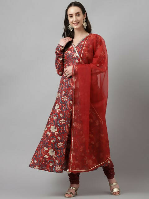 FIORRA Women's Maroon Pure Cotton Flared Kurta Pant With Dupatta 