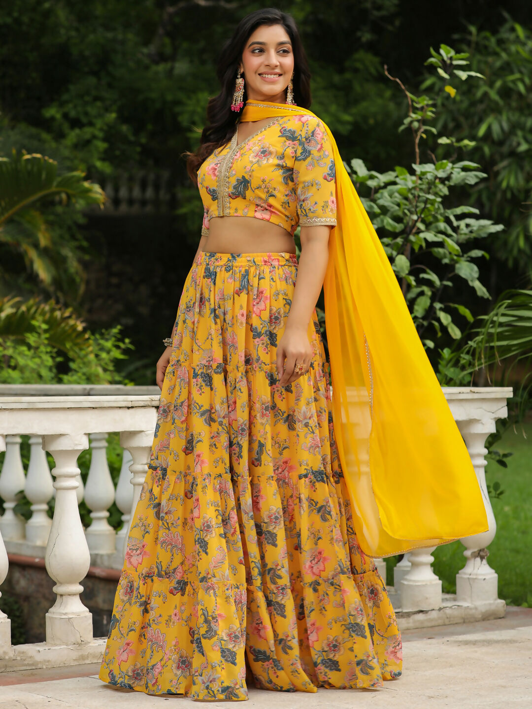 Janasya Yellow Georgette Floral Lehenga Choli Dupatta 