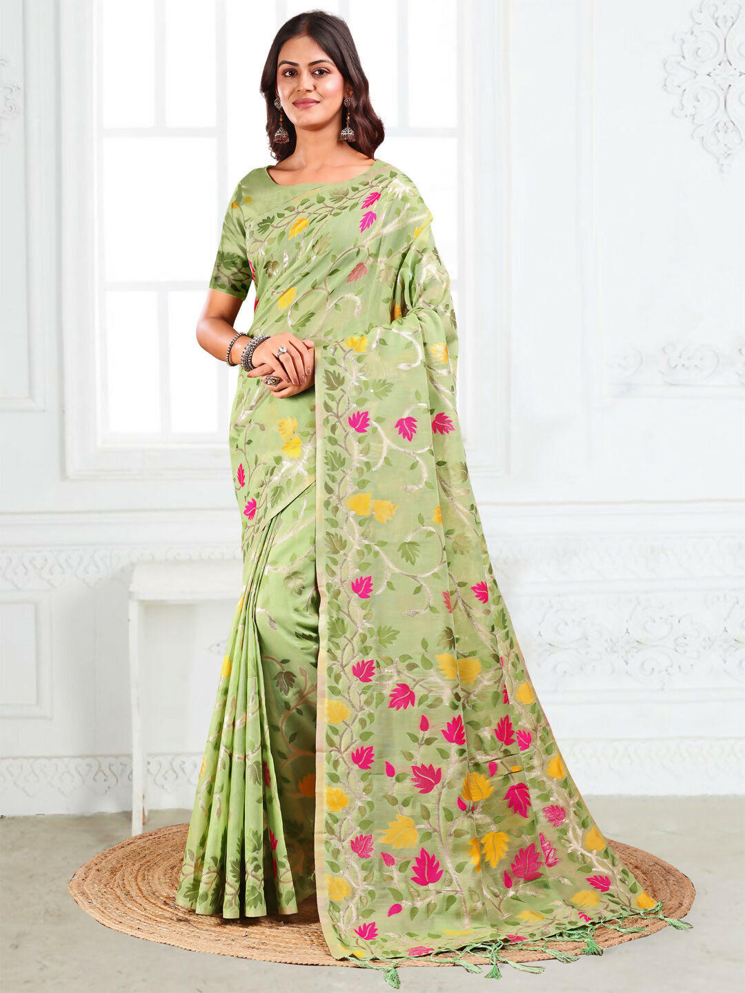 Shree Shyam Fashion Linen Cotton Light Green Saree