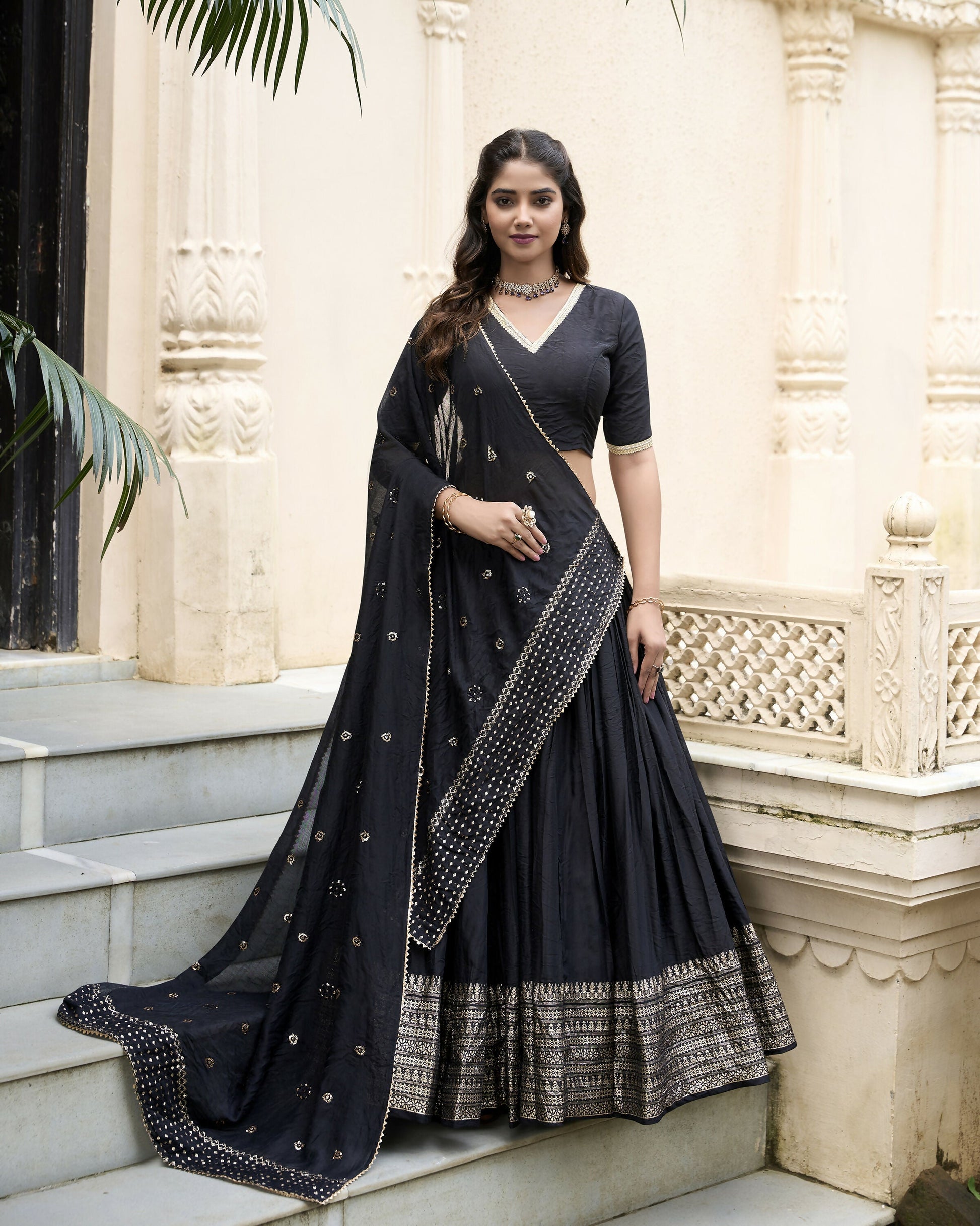 Lorenvalley Black Pure Chanderi Plain With Zari Weaving Work Border Lehenga Choli 