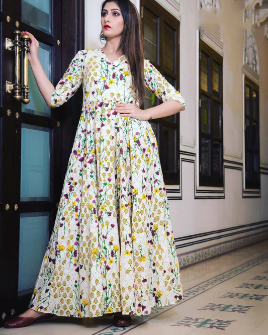 All Season Designer Cream Pure Maslin Gown - Anbazaar