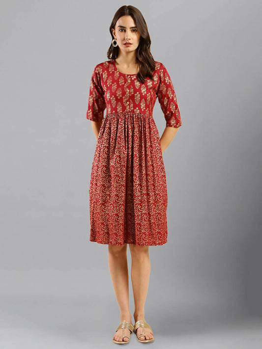 Red Cotton Ethnic Motifs Aline Dress - Poonam