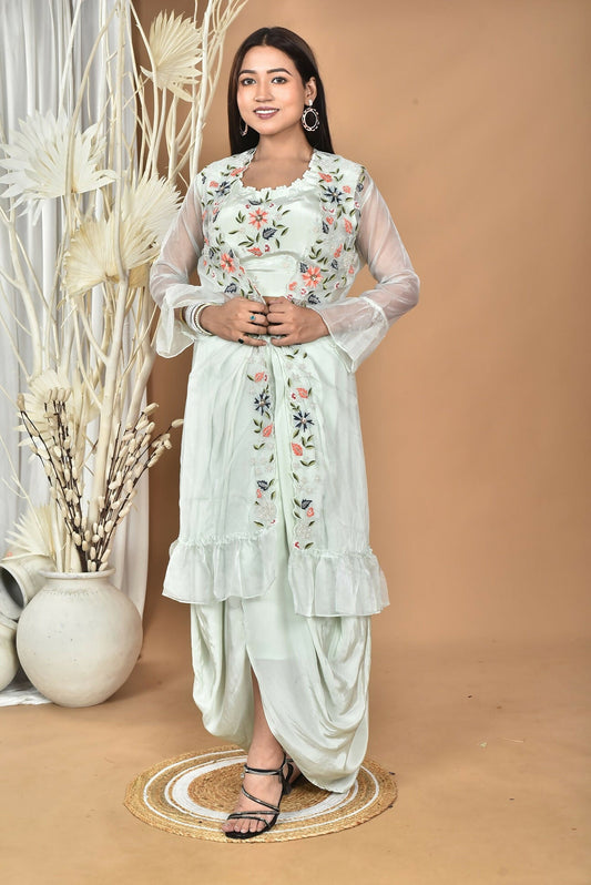 Morchari Women Hand Embroidery Crop Top-Sea Green