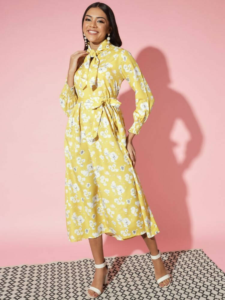 Myshka Women Yellow Floral Rayon A-Line Shirt Collar Dress
