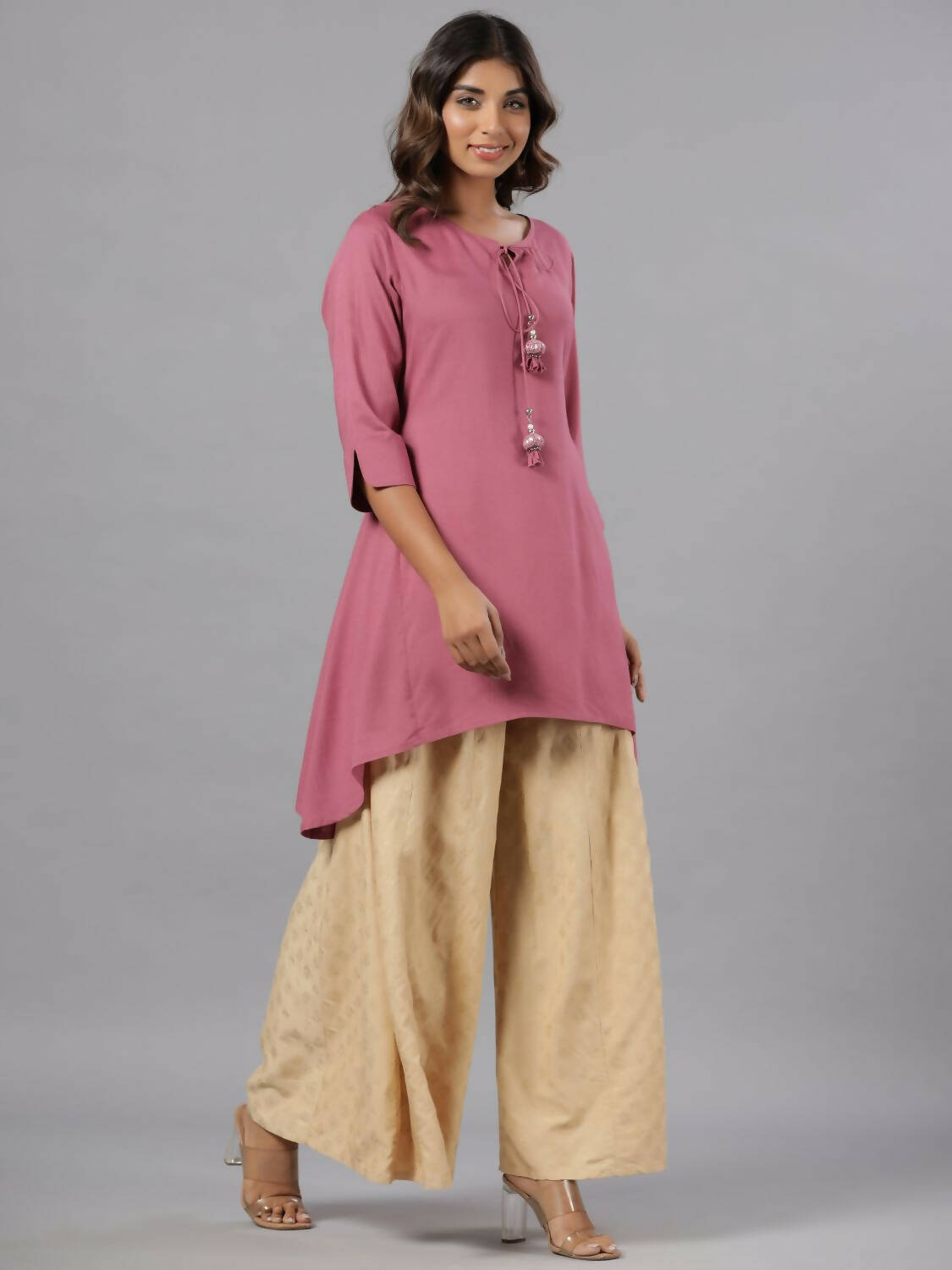 Juniper Women Mauve Rayon Solid Asymmetric Kurta