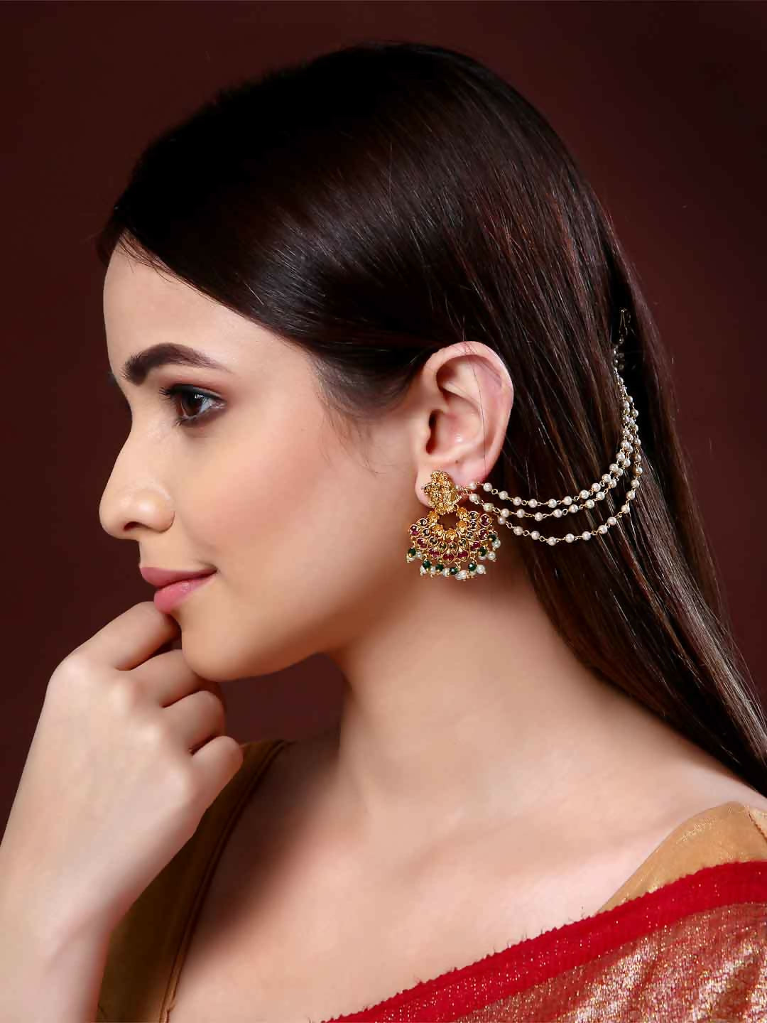 NVR Pearl Studded Classic Gold-Polished 3 Line Ear Chain Ear Cuff 