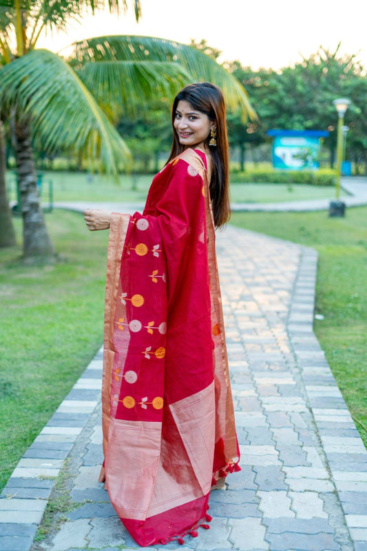 Aastha Fashion Red Woven Cotton Silk Saree with Blouse - Grab2buy
