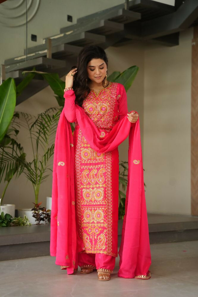 Joban Fashion Gajri Kurta Set Silk Sequins , Zari, Coding & Thread Embroidered work