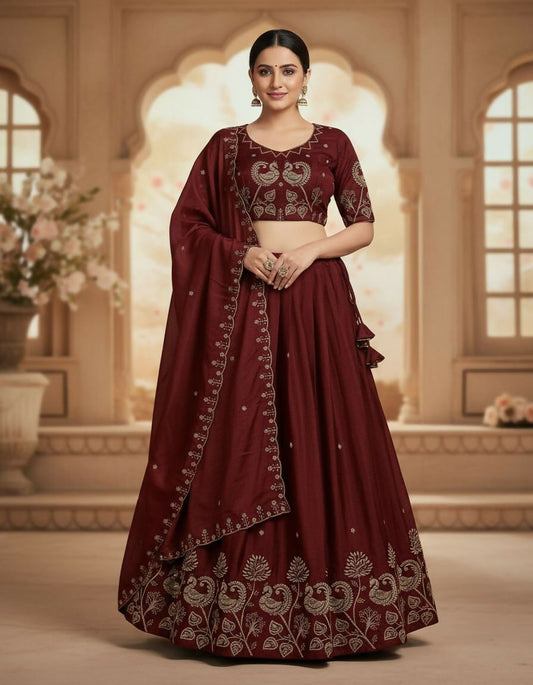 Teeya Creation New Womens Beautiful Fully Stitched Designer Lehenga Choli With Embroidered Dupatta - Maroon