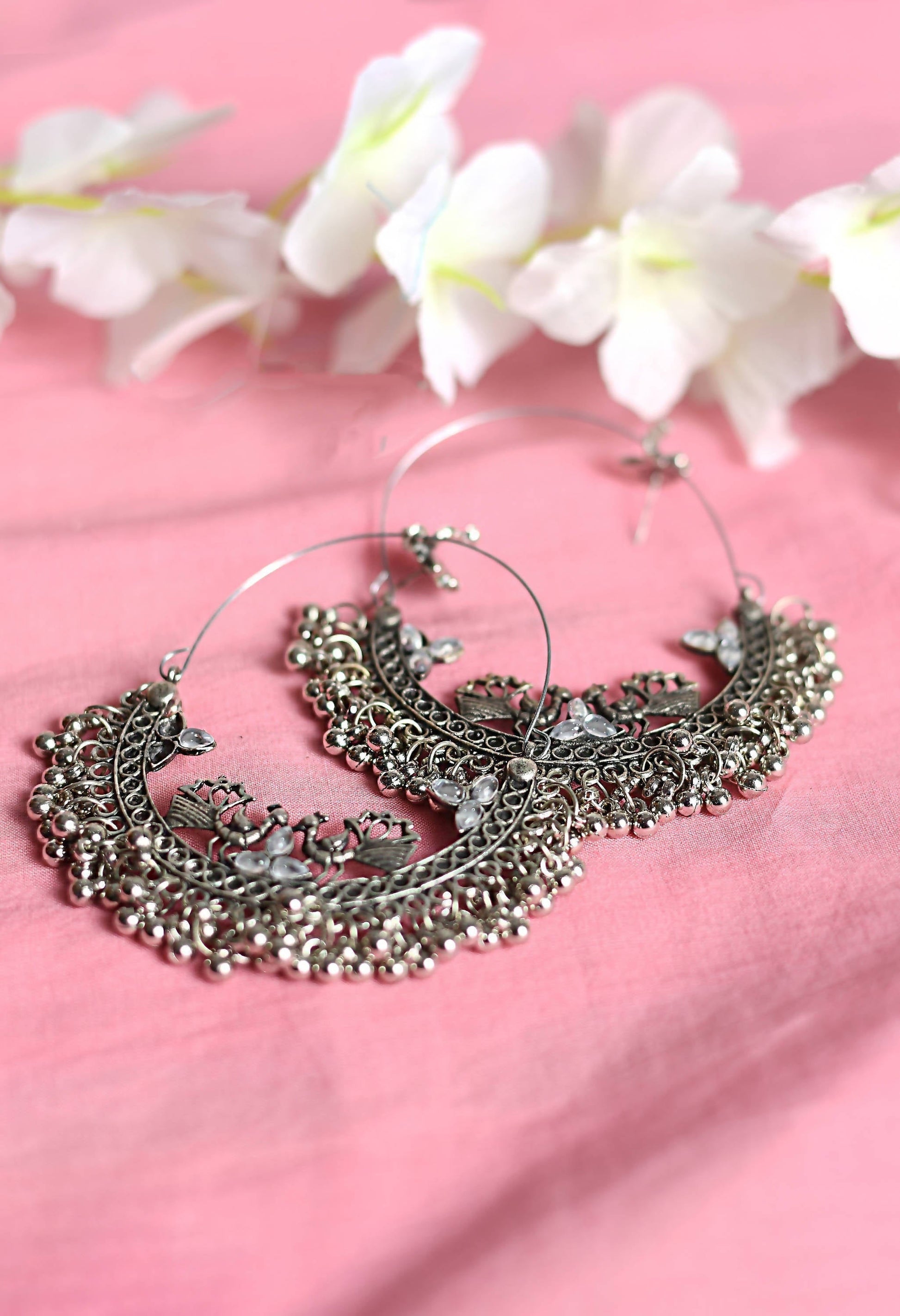 Mominos Fashion Johar Kamal Silver Peacock Design Chandbali Earrings - Grab2buy