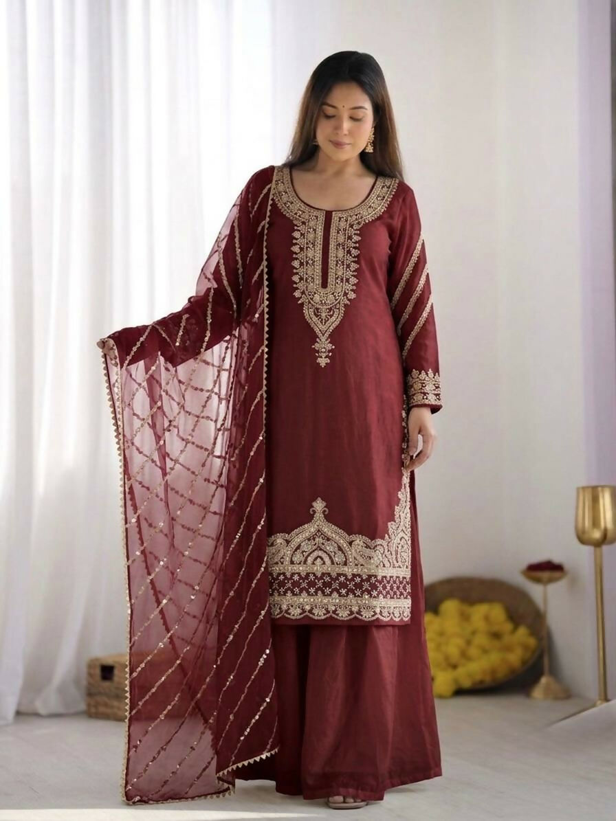 Teeya Creation Womens New Trendy Stylish Fancy Embroidery Beads Work Kurta Sharara Set For Wedding Wear - Red