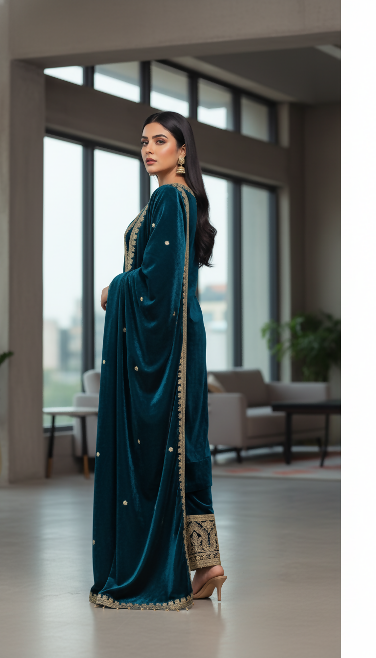 Joban Fashion Teal Velvet Embroidery Sequence Work Readymade Kurta Set