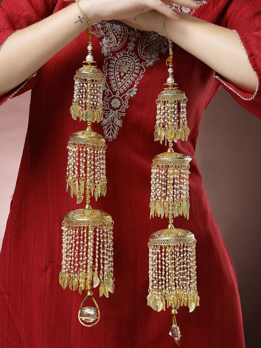 NVR Women's Pack Of 2 Gold-Polished & White Pearl Beaded Bridal Layered Heavy Kaleera Sets