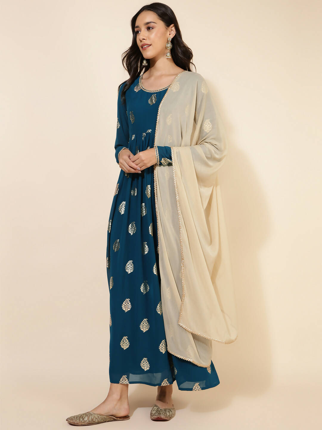 Janasya Women's Teal Blue Georgette Foil Printed Festive Flared Kurta Set 