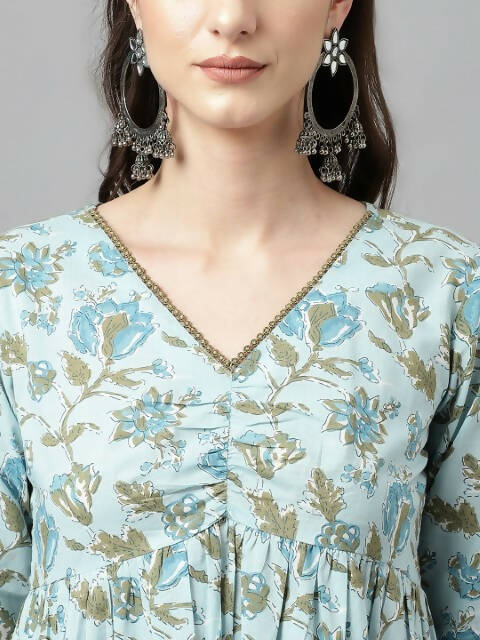 FIORRA Women's Sky Blue Pure Cotton Flared Kurta Set 