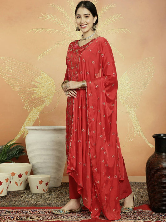 Aastha Fashion Women's Red Upada Silk Floral Resham Thread Kurta with Trouser & Dupatta - Grab2buy