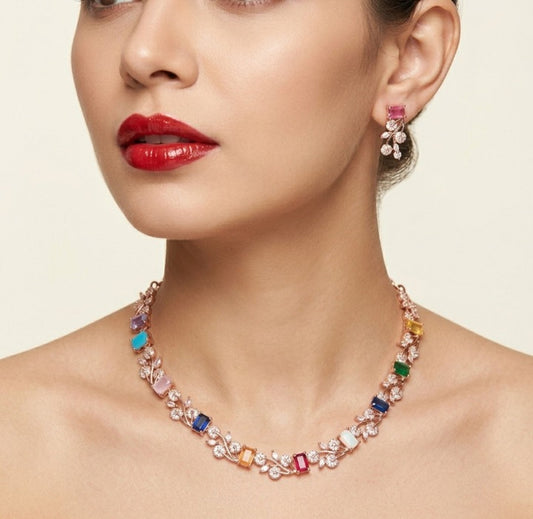 Jewel City Multi-Color Gemstone Floral Necklace Set - Handcrafted 18K Rose Gold Plated Jewellery for Weddings & Parties