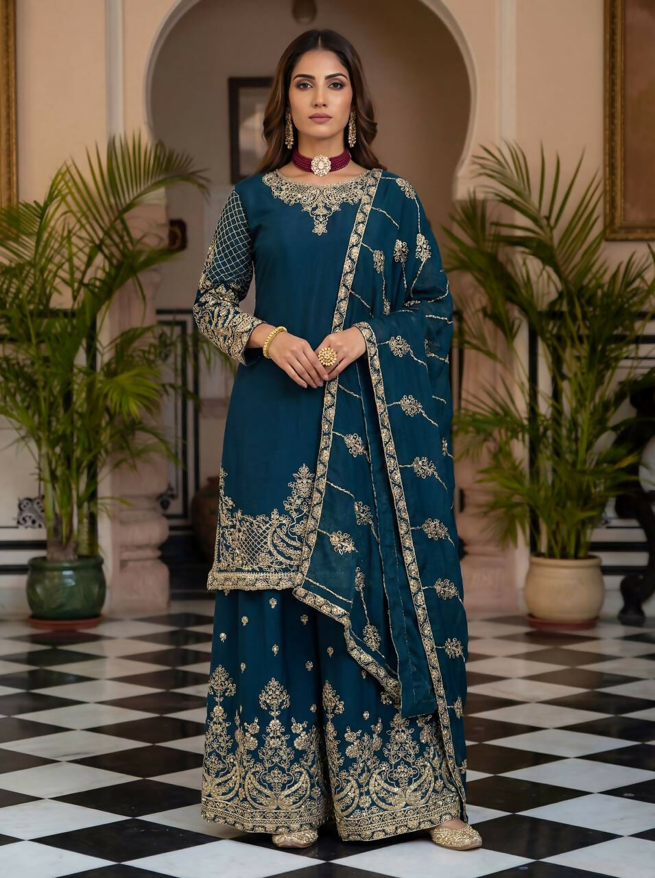Joban Fashion Teal Silk Embroidered Sharara Set