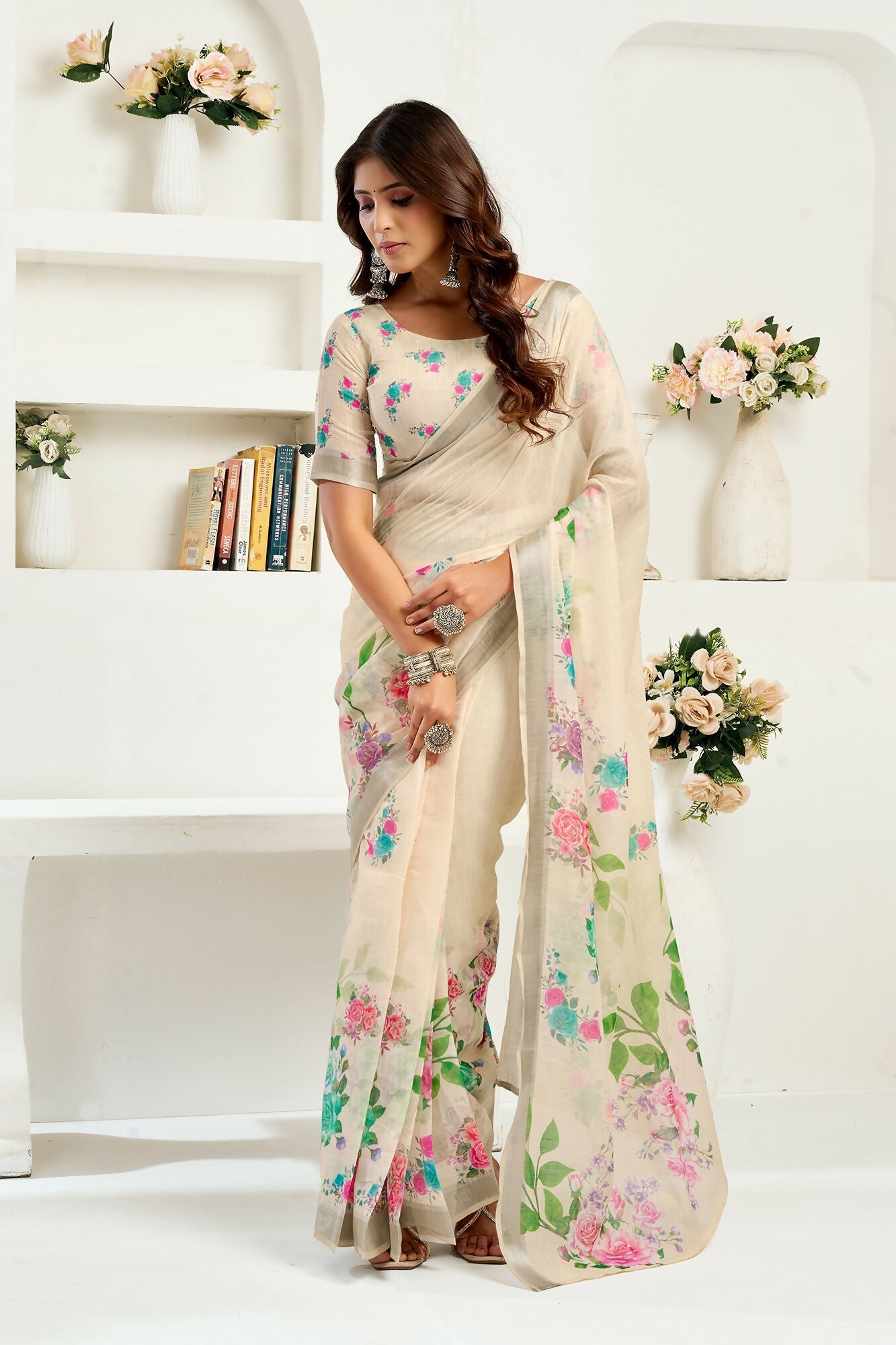 Vastranavya Cream Digital Printed Linen Ready To Wear Designer Grab2Buy with Unstitched Blouse  Grab2Buy Vastranavya Grab2Buy