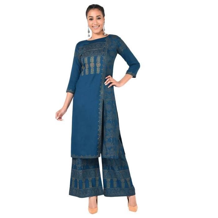 Aniyah Rayon Block Print Front Slit Straight Kurta In Blue Color (AN-167K) | Grab2Buy