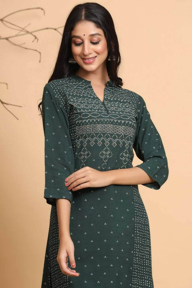 Juniper Women Jade Green Rayon Slub Bandhani Printed A-Line Kurta