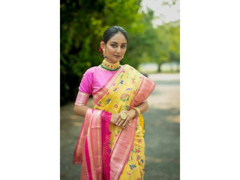 Aastha Fashion Women's Yellow Banarasi Silk Meenakari Zari Woven Saree with Blouse - Grab2buy