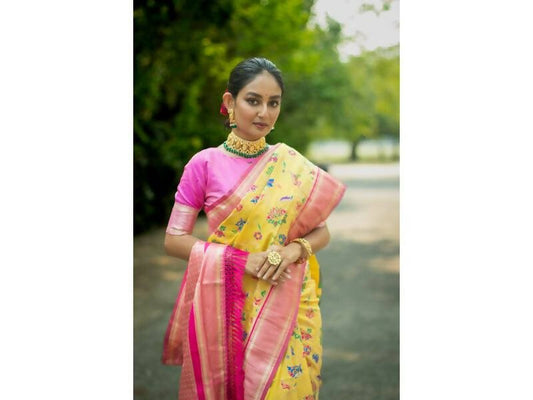 Aastha Fashion Women's Yellow Banarasi Silk Meenakari Zari Woven Saree with Blouse - Grab2buy