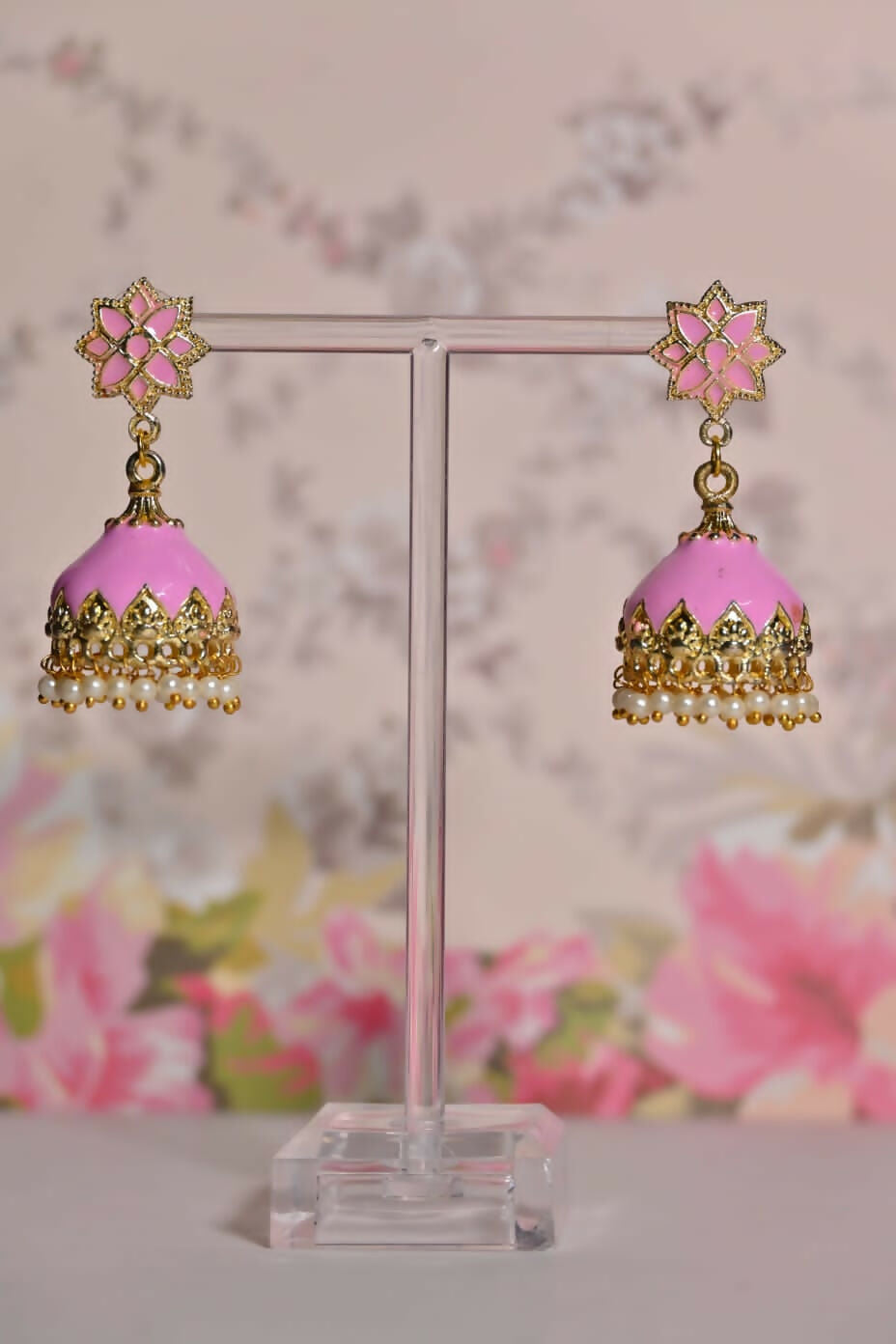 Pink Enamel Small Jhumki Earrings By House of Ree House of Ree