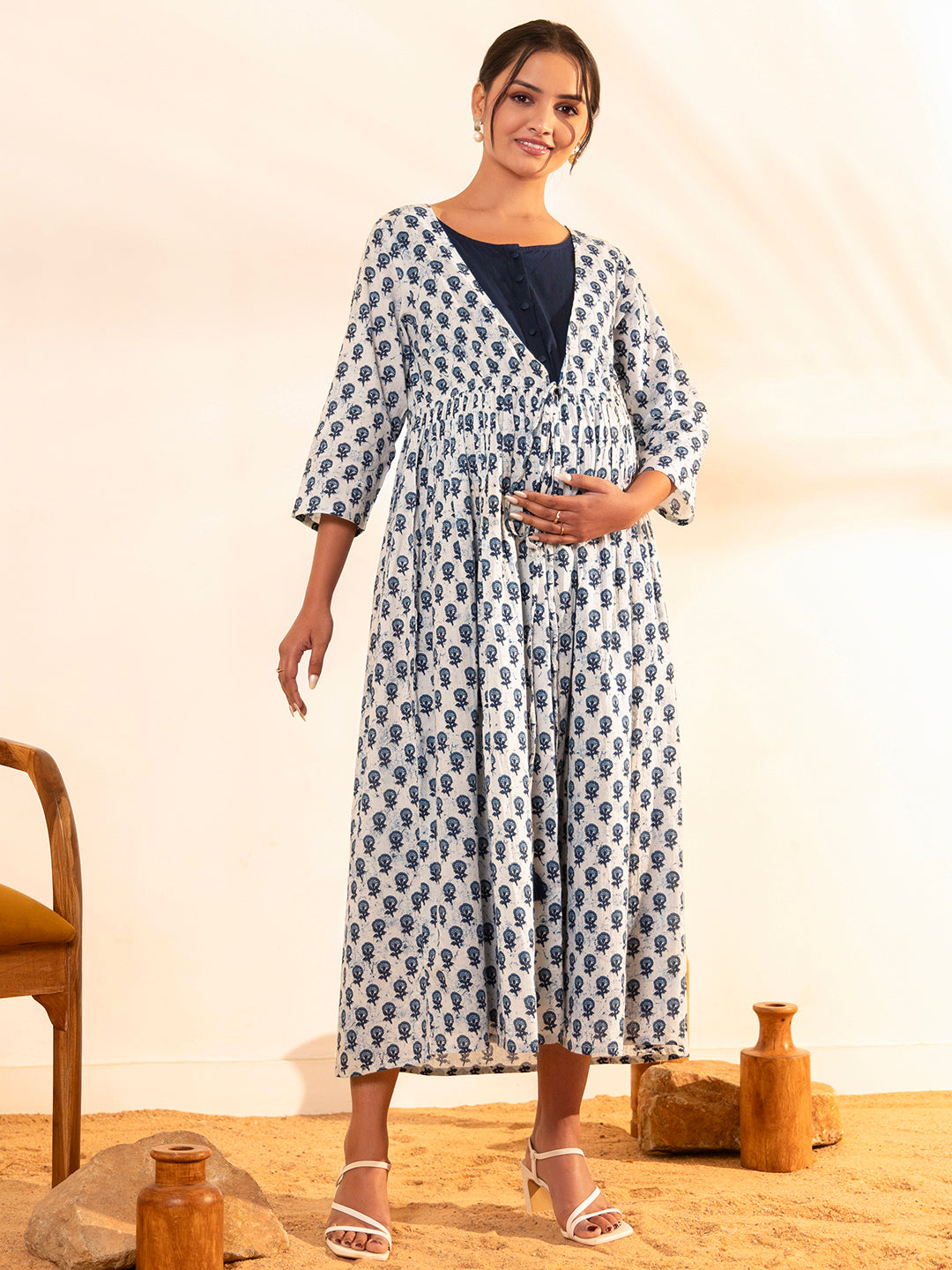 Janasya White Cotton Floral A-Line Dress 