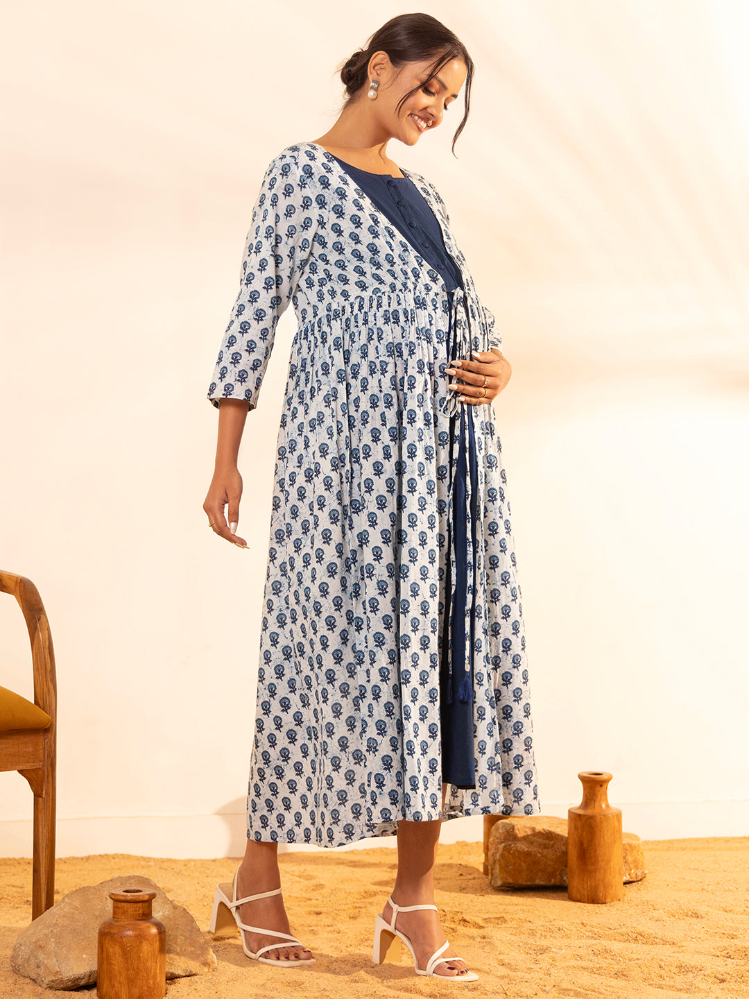 Janasya White Cotton Floral A-Line Dress 