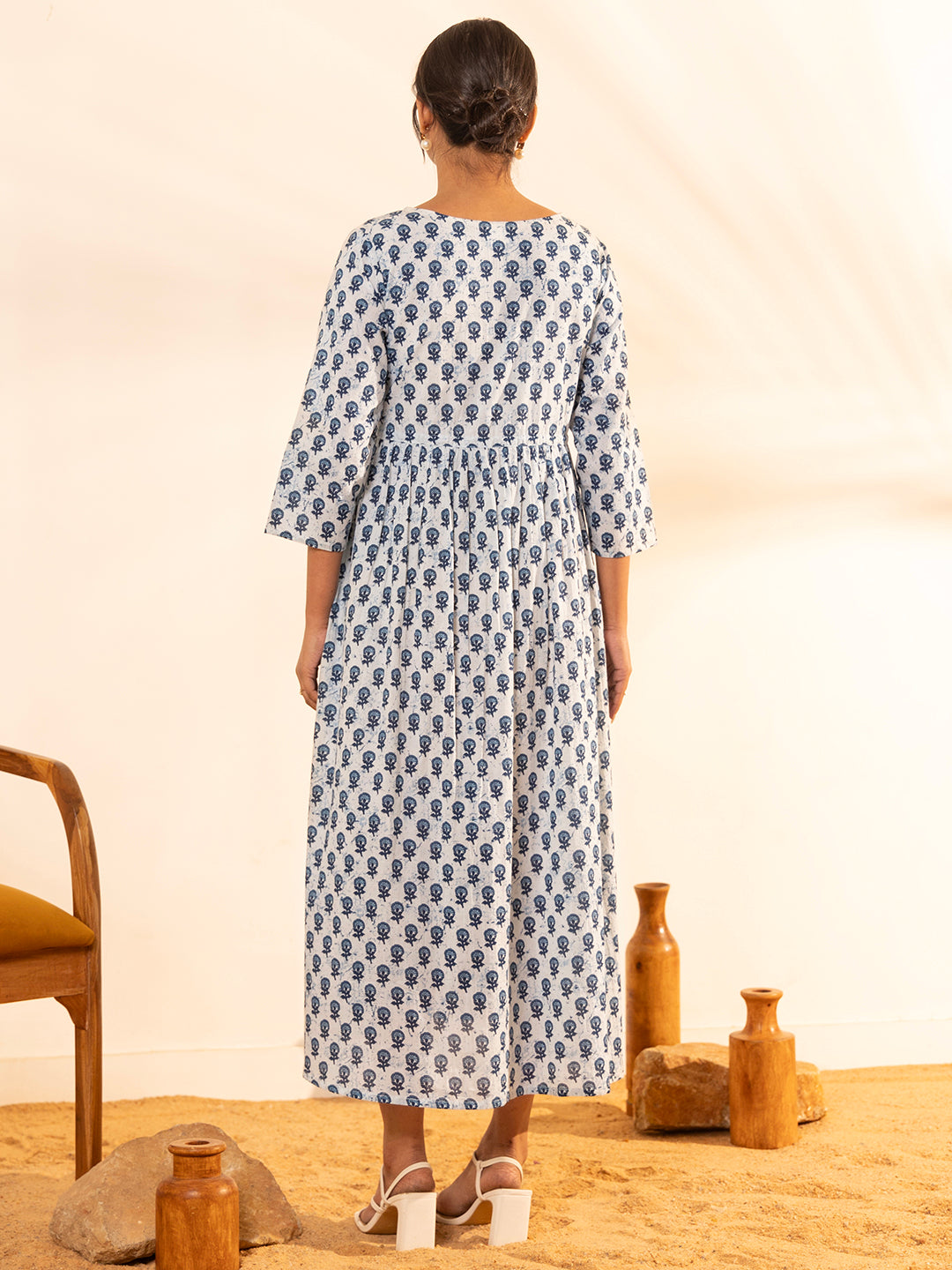 Janasya White Cotton Floral A-Line Dress 