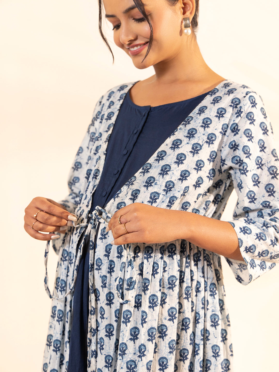 Janasya White Cotton Floral A-Line Dress 