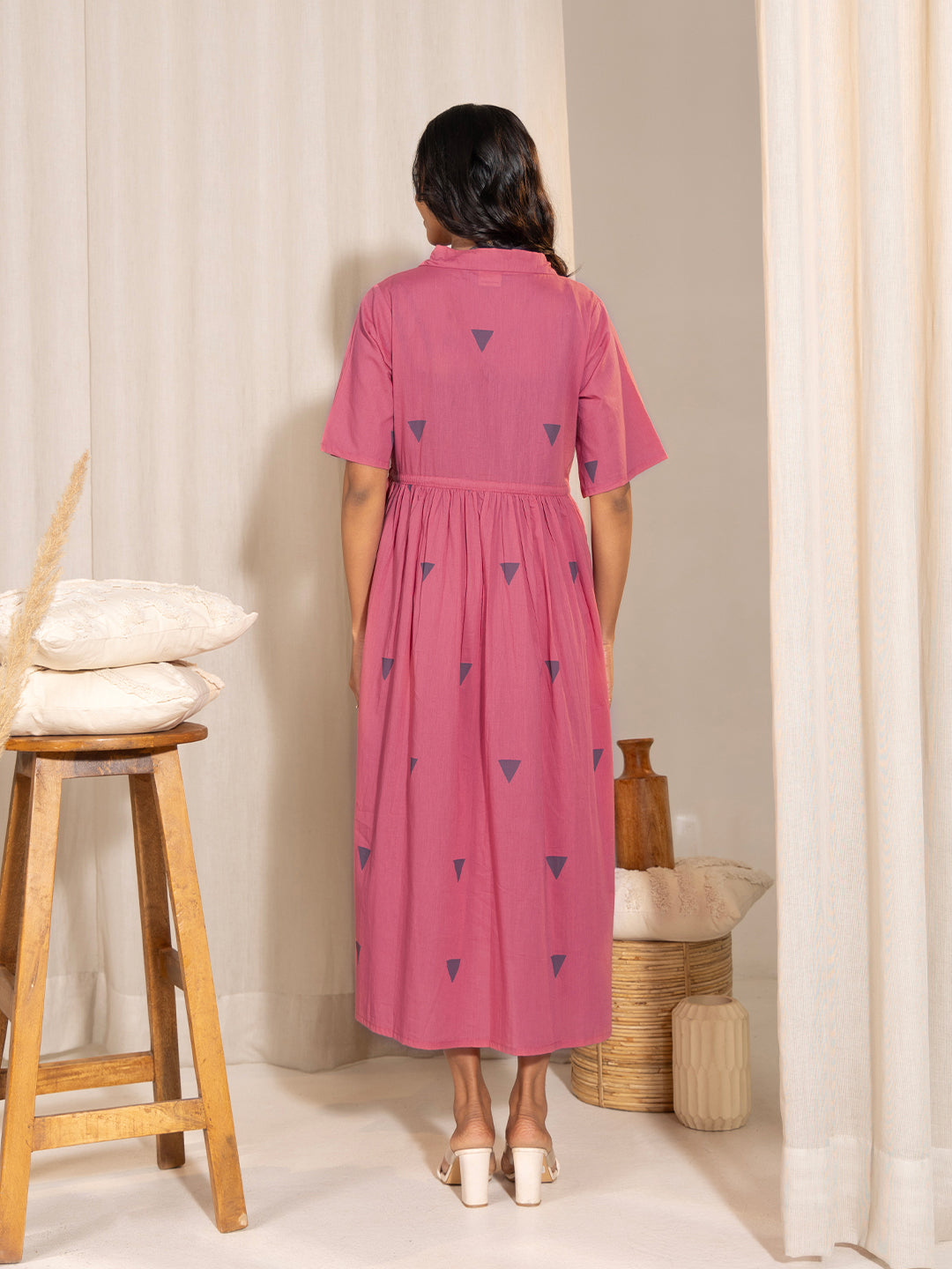 Janasya Pink Cotton Geometric Gathered Dress 