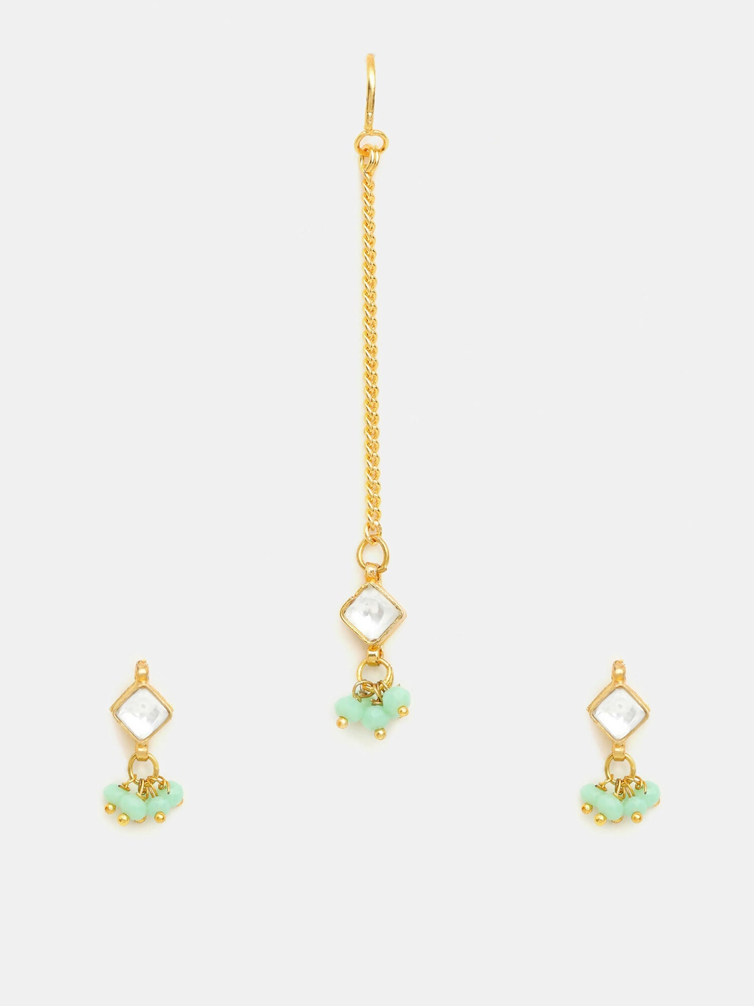 Ruby Raang Set Of Pastel Green Maang Tikka And Earrings