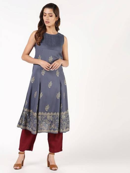 Aniyah Rayon Block Print Flared Grey Kurta (AN-150K) | Grab2Buy