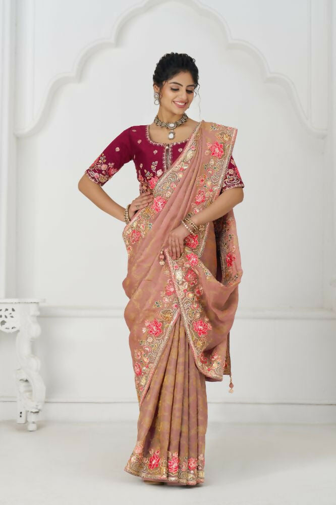 Kesar Fab Pretty Peach: Multicolor Embroidery With Blooming Floral Designs Saree