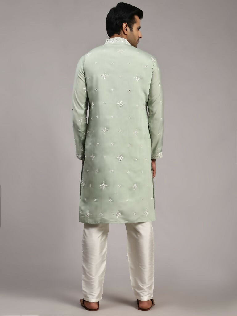 Light Green Silk Designer Embroidery Work Men's Rajwadi Kurta Set - Mahotsav
