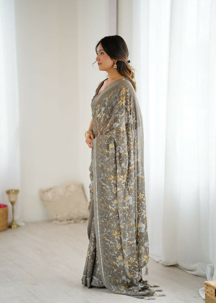 PR Fashion Grey Bright Moss Satin Patta Printed Saree