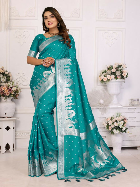 Anaita Turquoise kochi Silk With Bandhej Weaving Saree With Blouse